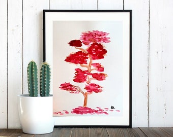 Tree with leafs, red pink watercolor painting, decor, original art, made by hand, gift, kids room, recycled paper, minimal