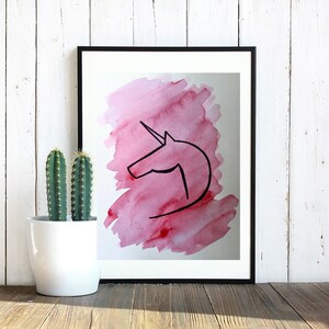 Unicorn minimalist, pink watercolor painting, black marker drawing, decor, original art, made by hand, gift, kids room, birthday gift