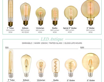 Antique Light Bulbs and LED Bulbs Many Styles! Tungsten Filament Edison Globe, Radio, LED Edison, 5" Globes Vintage Bulb- Hangout Lighting