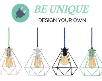 Plug In himmeli Lighting Diamond Cage Hanging Pendant Plug In Lamp - Custom Any Color - Any Cord Length