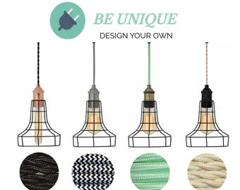 Industrial Cage Hanging Pendant Plug In Lamp - Custom Any Color - Any Cord Length - Flare Cage