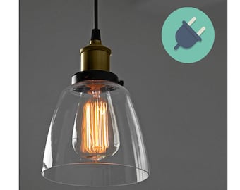 Plug In Glass Shade pendant light - Custom Cord Length, Fabric Colored Wire and Choice Hardware with 6" Glass Bell Shade