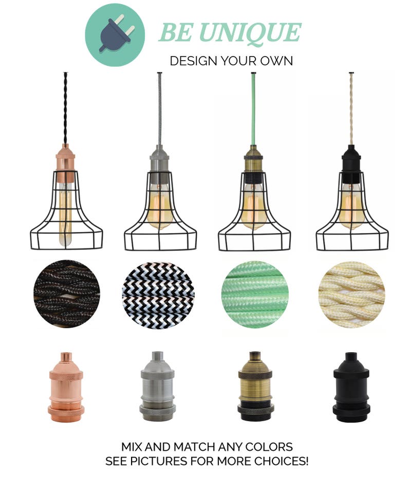 Plug In Industrial Cage Hanging Pendant Custom Any Color Any Cord Length Flare Cage image 1