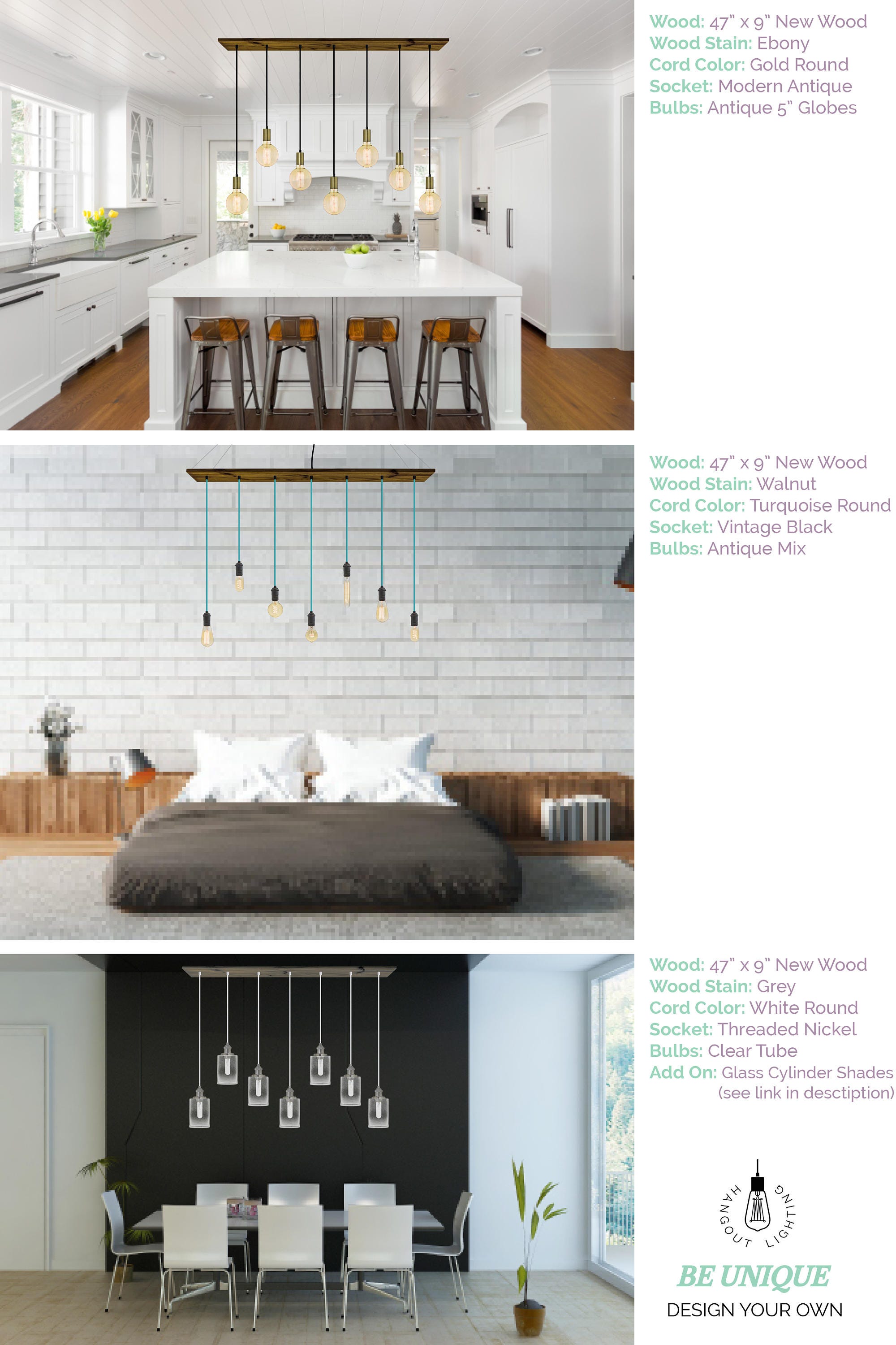 Dining Chandelier Rustic Modern 7 Pendant Lights Antique Edison Bulb ...