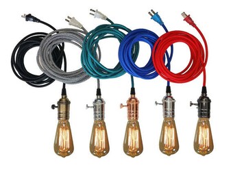 Plug In Pendant Light 15ft - 5 Color choices Includes Edison Bulb Modern Hanging Light- Industrial Light plugin Lighting Antique Lights