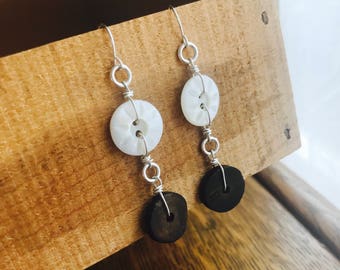 Mother of Pearl, Vintage Coconut and Sterling Silver Drop Earrings, Artisan Handmade Jewelry, Boho Jewelry: The Path to Abundance