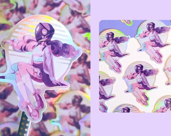 Holo Babe • vinyl holographic sticker of a cute astronaut wearing pastel with clouds for hair