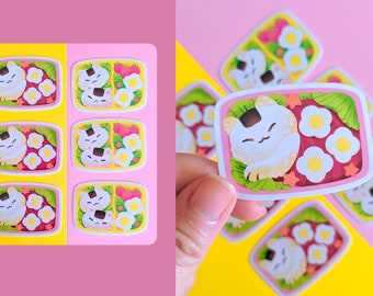 Bento Box • vinyl stickers of two cute bento boxes full of onigiri, tamagoyaki and japanese recipes shaped as kawaii bear cat