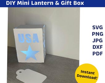 USA Feuerwerk Laterne SVG Cricut Silhouette Cut File, 4. Juli Papierlaterne Glow Dekor, Vaterländische Herzstück druckbare DIY Box
