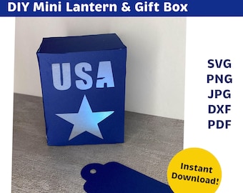 USA Feuerwerk Laterne SVG Cricut Silhouette Cut File, 4. Juli Papierlaterne Glow Dekor, Vaterländische Herzstück druckbare DIY Box