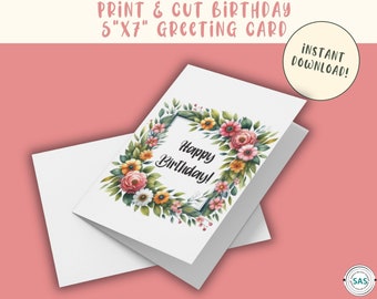 Happy Birthday Printable Card, Square Bouquet Blank Card for Her, Beautiful Florals Print-n-Cut Card with Bonus Printable Envelope Template!