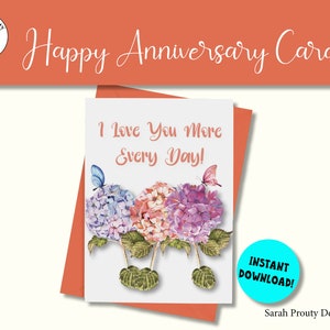 Tarjeta de feliz aniversario, descarga digital, tarjeta de felicitación, hortensias, tarjeta para esposa, tarjeta de él, mariposas, nota de amor, te amo más cada día