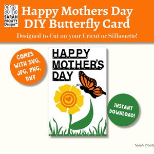 Tarjeta digital para el Día de la Madre, tarjeta SVG DIY para mamá, cortada con Cricut o Silhouette, mariposa sobre flor, tarjeta para la abuela, jpg, png, dxf, Makers