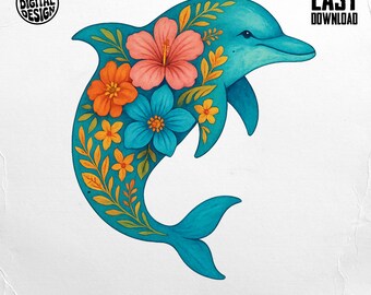 Dolphin PNG, Dolphin Clipart, Floral Dolphin, Sea Png, Flower Dolphin, Sublimation Png, Digital Download PNG