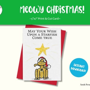 Natale miagolante, biglietto con gatto, biglietto di auguri, biglietto disegnato a mano, stampabile, biglietto d'auguri, download digitale, zampe di Babbo Natale, regali per mamme gatte, biglietto per papà gatte