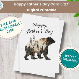 Cartão em branco de Feliz Dia dos Pais para impressão, Papai Urso em aquarela com detalhes da floresta, Cartão DIY para impressão e corte com envelope para impressão bônus!