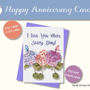 Tarjeta de feliz aniversario, descarga digital, tarjeta de felicitación, hortensias, tarjeta para esposa, tarjeta de él, mariposas, nota de amor, te amo más, morado