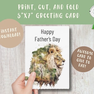 Carte de lion vierge imprimable pour la fête des pères, lion aquarelle, détails incrustés dans les bois, carte DIY imprimable et découpée avec enveloppe imprimable en prime !