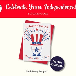 Día de la Independencia, Tarjeta Imprimible, 4 de Julio, Rojo Blanco y Azul, Fuegos Artificiales, Bengalas, EE.UU., Bandera Americana, Gnomo, Patriótico, AF Independiente