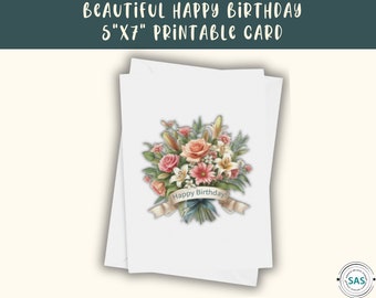 Happy Birthday Printable Card, Flower Bouquet Blank Card for Mom, Beautiful Florals Print-n-Cut Card with Bonus Printable Envelope Template!