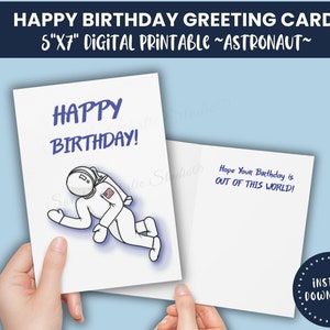 Astronaut, Digital Download, Happy Birthday, Printable Card, Blue, Greeting Card, Hand Drawn, Birthday Card,Space Theme,Gift for Him,For Her