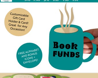 3d print and cut mug gift card holder svg, book lover cricut file, reading card template, envelope, icons, silhouette cut file,birthday card