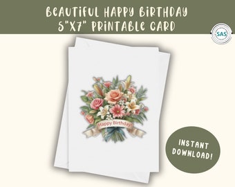 Happy Birthday Printable Card, Flower Bouquet Blank Card for Mom, Beautiful Florals Print-n-Cut Card with Bonus Printable Envelope Template!