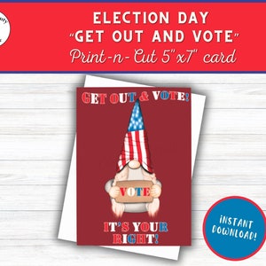Jour du scrutin, VOTE, carte imprimable, rouge, blanc et bleu, États-Unis, drapeau américain, gnome, patriotique, démocrate, républicain, indépendant, votre droit
