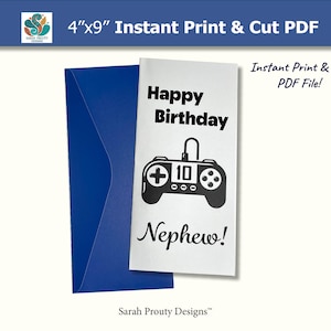 Puede incluir: Una tarjeta de cumpleaños blanca con un gráfico de mando negro y las palabras "Happy Birthday Nephew!" junto a un sobre azul. La tarjeta mide 10 cm x 23 cm y es un archivo PDF.