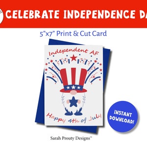Día de la Independencia, Tarjeta Imprimible, 4 de Julio, Rojo Blanco y Azul, Fuegos Artificiales, Bengalas, EE.UU., Bandera Americana, Gnomo, Patriótico, AF Independiente
