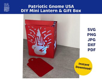 Patriotischer Gnom USA Laterne svg, Cricut Silhouette Cut File, 4. Juli Papierlaterne, Patriotisches Herzstück, Tischdekoration, DIY Box, Feuerwerk