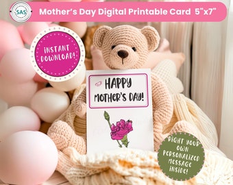 Printable Happy Mother's Day Card with Pink Carnation  Flower, Great Last Minute DIY Card 5"x7" Print and Cut Card -Bonus Printable Envelope