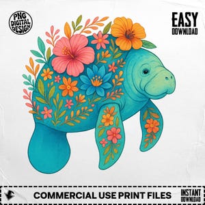 Manatee PNG, Manatee Clipart, Floral Manatee, Boho Manatee, Sea Cow Png, Sublimation Png, Digital Download