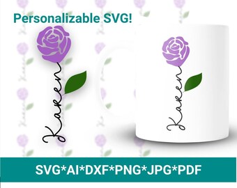 Rose Flower Hand Drawn Design Valentine Sublimation Cricut Silhouette Digital File DIY Mother's Day Gift Editable Name SVG dxf png jpg pdfai