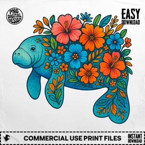 Manatee PNG, Manatee Clipart, Floral Manatee, Boho Manatee, Sea Cow Png, Sublimation Png, Digital Download PNG