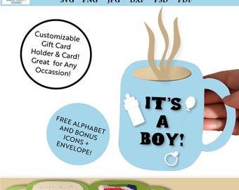 3D print and cut mug gift card holder svg, baby boy cricut file, shower card template, printable envelope, bonus icons, silhouette cut file