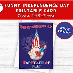 Día de la Independencia, Tarjeta Imprimible, 4 de Julio, Rojo Blanco y Azul, Fuegos Artificiales, Bengalas, EE.UU., Bandera Americana, Gnomo, Patriótico, AF Independiente
