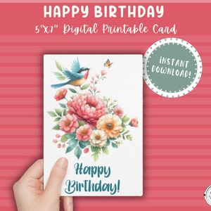 Happy Birthday, Bouquet, Gift for Her, Digital Download, Greeting Card, Birthday Card, Printable Card, For Mom, Flower, Bird,5x7