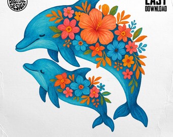 Floral Dolphin PNG,Dolphin Clipart, Boho Dolphin, Flower Dolphin, Sublimation Png, Digital Download PNG