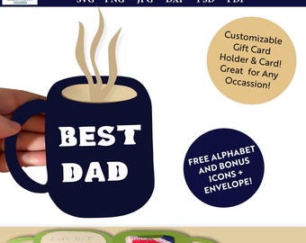 3D print and cut mug gift card holder svg, best dad cricut file, father’s day card template, printable envelope, icons, silhouette file