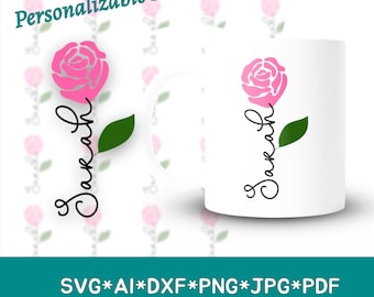Editable Custom Name Rose Flower Svg, Personalized Floral Design, DIY Cricut Silhouette Craft, Customizable Digital Download