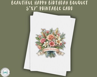 Happy Birthday Printable Card, Flower Bouquet Blank Card for Her, Beautiful Florals Print-n-Cut Card with Bonus Printable Envelope Template!