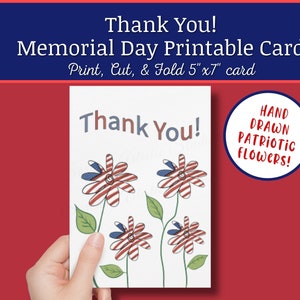 Tarjeta imprimible de flores patrióticas, tarjeta de agradecimiento, Día de los Caídos, 4 de julio, tarjeta Print n Cut de 5"x7" con sobre imprimible adicional
