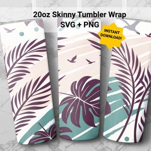 Tropical Leaves SVG, 20oz Tumbler Wrap, Palm Leaves Png, Monstera, Birds, Seamless Pattern, Sublimation Png, Digital Download