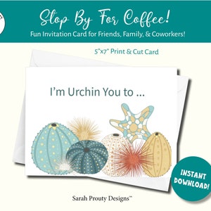 Invitación de playa, café, descarga digital, para amigos, personalizada, tarjeta de felicitación, descarga instantánea, imprimible, erizo de mar, conchas marinas