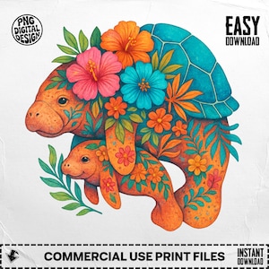 Floral Manatee PNG, Manatee Clipart, Mommy and Baby Manatee, Flower Png, Sublimation Png, Digital Download PNG,Digital