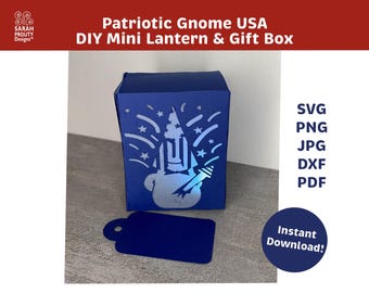 Patriotischer Gnom USA Laterne svg, Cricut Silhouette Cut File, 4. Juli Papierlaterne, Patriotisches Herzstück, Tischdekoration, DIY Box, Feuerwerk