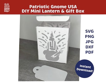 Patriotischer Gnom USA Laterne svg, Cricut Silhouette Cut File, 4. Juli Papierlaterne, Vatertagisches Herzstück, Tischdekoration, DIY Box, Feuerwerk
