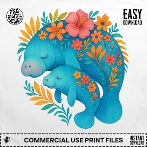 Manatee PNG, Manatee Clipart, Floral Manatee Png, Baby Manatee, Sublimation Png, Floral Design Png, Digital Download PNG