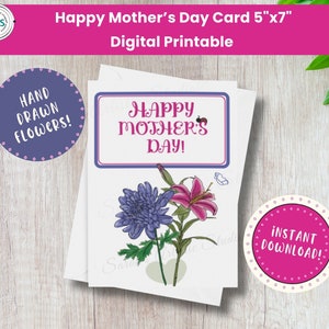 Afdrukbare Happy Mother's Day-kaart met bloemen van moeder en lelie, geweldige lastminute DIY-kaart 5 x 7 inch print- en snijkaart - bonus printbare envelop